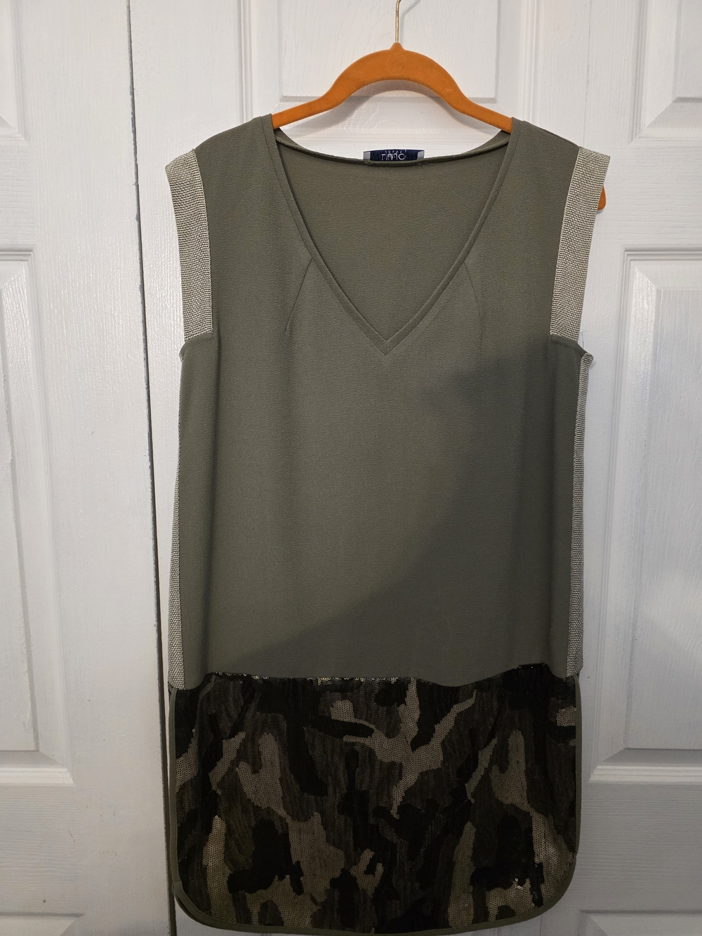 Folio Olive Green Sleeveless V-Neck Tunic with Camouflage Hem